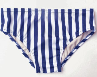 Men's Swim Brief Swimwear in Navy and White Vertical Stripe in Regular or Low-Rise