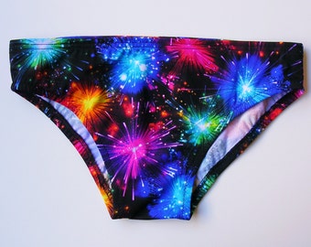 Mens Swim Brief Swimsuit in Regular or Low Rise in Fireworks Print