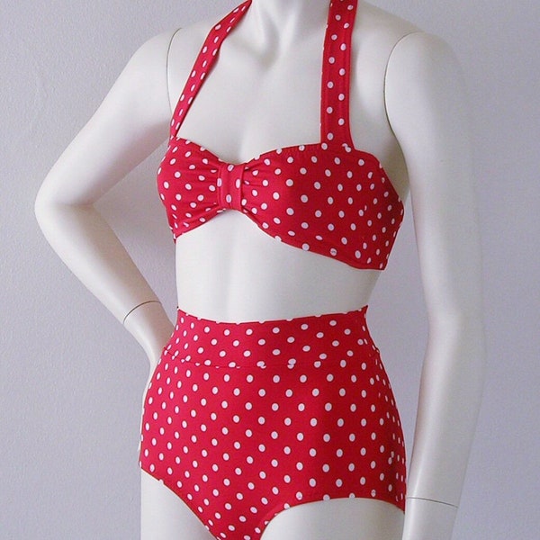 Fondo de bikini de cintura alta y top bandeau retro en lunar rojo en S.M.L.XL
