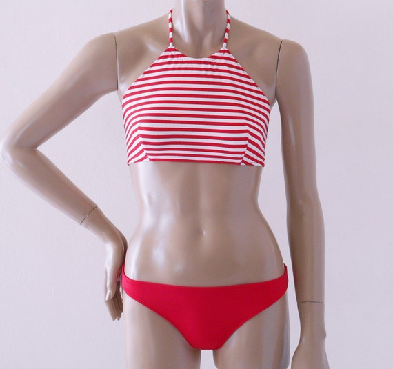 High Neck Halter Bikini Top and Full Coverage Bikini Bottom Two Piece  Swimsuit in Red and White Stripe in S.M.L.XL -  Canada