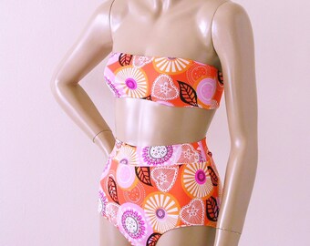 High Waisted Bikini Bottom and Bandeau Top Two Piece Swimsuit in Orange Tango Print in S.M.L.XL