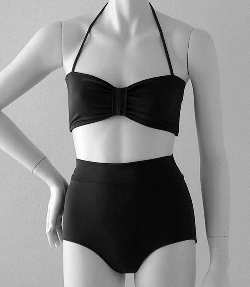 and Burgundy in S-M-L-XL Brown High Waisted Swimsuit Bikini Bottom and Retro Bandeau Top in Black Navy Blue