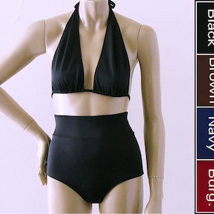 Marilyn Halter and Ultra High Waisted Bikini Bottom in Black, Brown, Navy Blue or Burgundy in S-M-L-XL