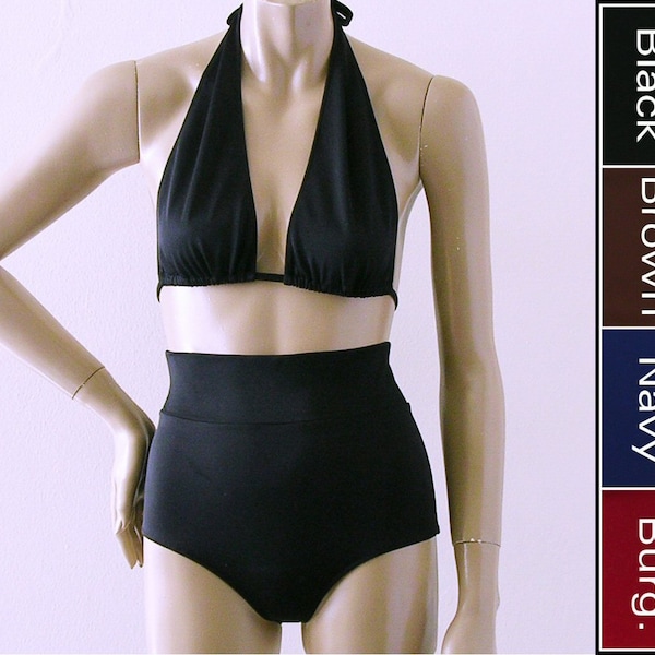 Marilyn Halter en Ultra High Waisted Bikini Bottom in Zwart, Bruin, Navy Blue of Burgundy in S-M-L-XL