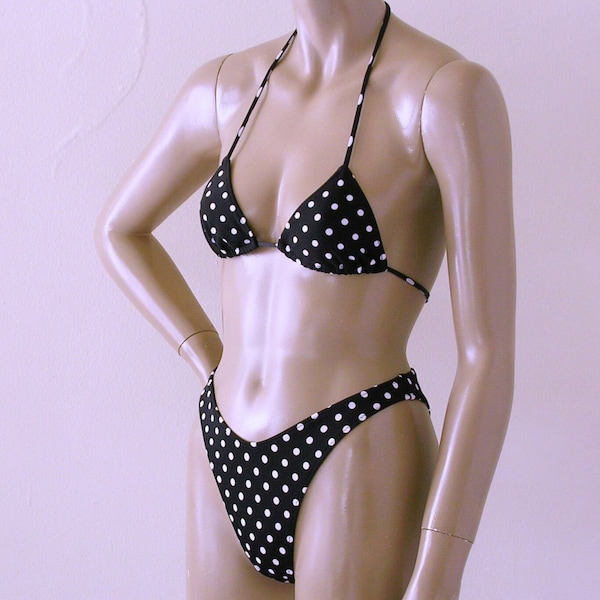 80s 90s High Leg Brazilian Bikini Bottom and Triangle Top in Black and White Polka Dot