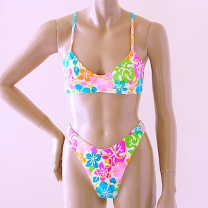80s 90s High Leg Thong Bikini Bottom and Crossback Ballet Top in Maui White Floral Print