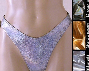 80s 90s High Leg Brazilian Bikini Bottom in Silver, Gold, and Disco Ball Glitter Hologram