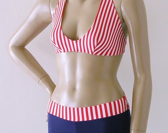 Crossback Halter and Boy Short Bikini in Red and White Candy Stripe and Navy Blue