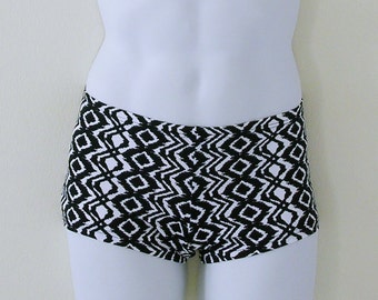 Mens Low Rise Square Cut Swimsuit in Black and White Aztec Print