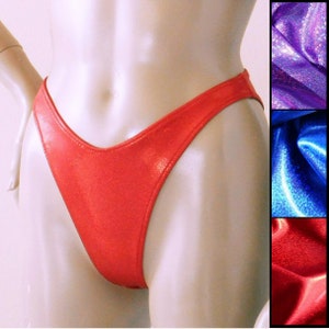 80s 90s High Leg Moderate Coverage Bikini Bottom in Red, Purple, or Blue Glitter Hologram