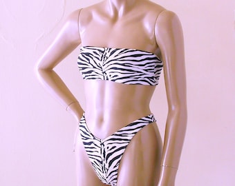 80s 90s Thong Bikini Bottom with High Leg and Strapless Bandeau Top in Black and White Zebra Print