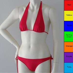Schiebe Neckholder Bikini Top und Krawatte unten Bikini in rot, blau, grün, Orange, lila, Türkis, gelb. Fuschia in Größen zu DD