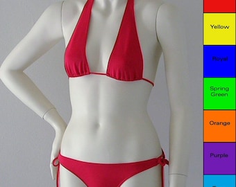 Sliding Halter Bikini Top and Tie Bottom Bikini in Red, Blue, Green, Orange, Purple, Turquoise, Yellow. Fuschia in Sizes to DD