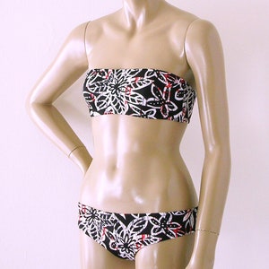 Cheeky Brazilian Boy Short Bikini Bottom and Bandeau Top in Black White and Red Batik Print Available in D-Cups