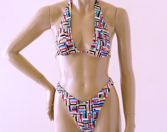 80s 90s Brazilian Bikini Bottom with High Leg and Sliding Halter Top in Mondrian Print in Sizes to DD