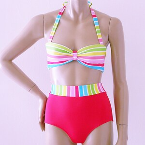 High Waisted Bikini Bottom and Retro Bandeau Bikini Top in Cabana Stripe in S.M.L.XL