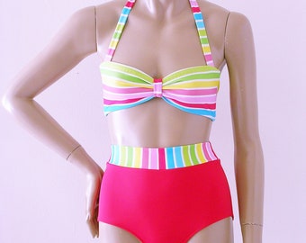 High Waisted Bikini Bottom and Retro Bandeau Bikini Top in Cabana Stripe in S.M.L.XL