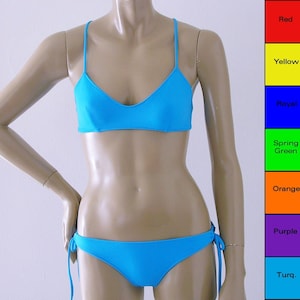 Thong Bikini Bottom with Tie Sides and Crossback Ballet Bikini Top in Red, Yellow, Green, Blue, Turquoise, Orange, Purple, Fuschia