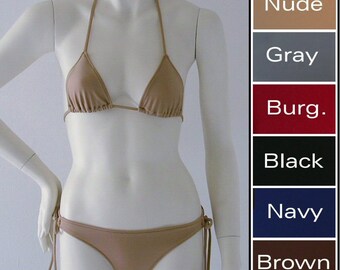 Triangle Top and Tie Bottom Bikini in Nude, Grey, Brown, Black, Burgundy, and Navy in Custom Bra Sizes to DD-Cup