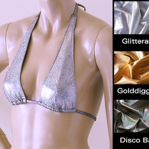 Top de Bikini Halter deslizante en Plata, Bola Disco y Holograma Dorado en Tallas a DD