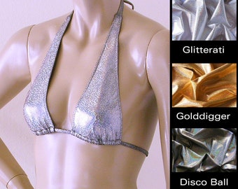 Sliding Halter Bikini Top in Silver, Disco Ball and Gold Hologram in Sizes to DD