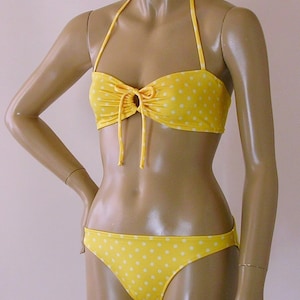 Retro Bandeau Halter Bikini Top and Full Coverage Bikini Bottom in Yellow Polka Dot in S.M.L.XL