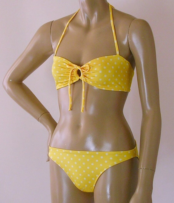 Retro Bandeau Halter Bikini Top and Full Coverage Bikini Bottom in Yellow  Polka Dot in S.M.L.XL -  Canada