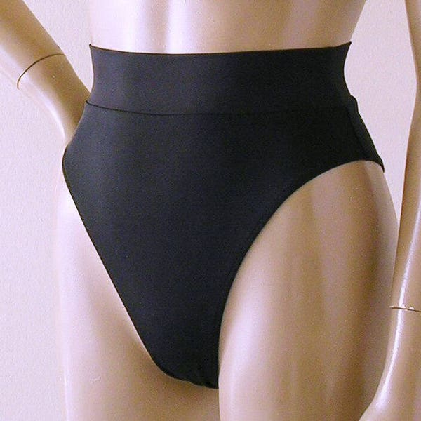 80s 90s High Leg Brazilian Banded Bikini Bottom in Black