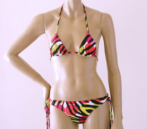 Triangle Bikini Top and Brazilian Tie Bottom Bikini in Miro Zebra