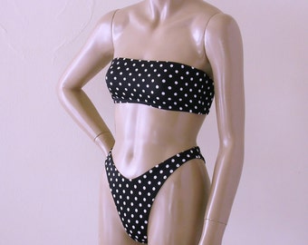80s 90s High Leg Brazilian Bikini Bottom and Strapless Bandeau Top in Black and White Polka Dot