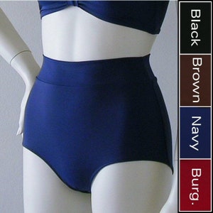 High Waisted Bikini Bottom with Banded Waist in Black, Navy, Burgundy or Brown in S-M-L-XL