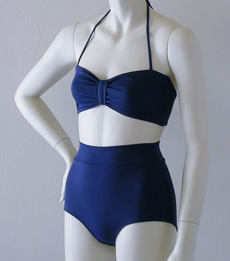 and Burgundy in S-M-L-XL Brown High Waisted Swimsuit Bikini Bottom and Retro Bandeau Top in Black Navy Blue