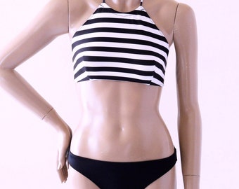 High Neck Halter Bikini Top and Full Coverage Bikini Bottom Two Piece Swimsuit in Black and White Stripe in S.M.L.XL