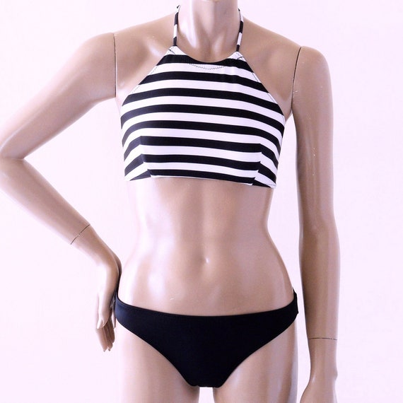 High Neck Halter Bikini Top and Full Coverage Bikini Bottom Two Piece  Swimsuit in Black and White Stripe in S.M.L.XL 