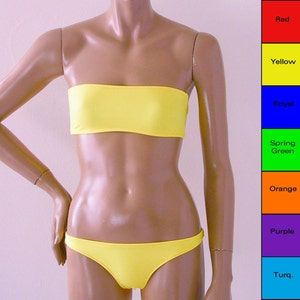 Scrunch Back Brazilian Bikini Bottom and Strapess Bandeau Bikini Top in Red, Yellow, Blue, Green,Turquoise, Orange, Purple in D Cups Too