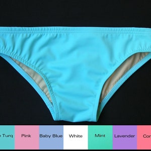 Mens Low Rise Swim Brief Swimsuit in Pale Turquoise, Lavender, White, Pink, Baby Blue, Coral, and Mint