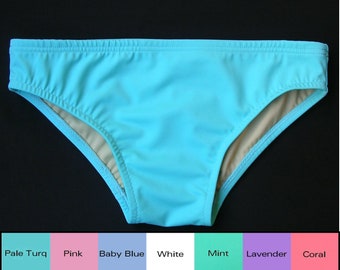 Mens Low Rise Swim Brief Swimsuit in Pale Turquoise, Lavender, White, Pink, Baby Blue, Coral, and Mint