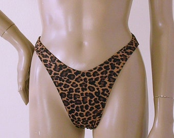 80s 90s High Leg Brazilian Bikini Bottom en estampado de leopardo marrón en S.M.L.XL