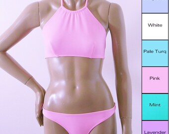 High Neck Halter Bikini Made To Order in Pink, Baby Blue, Lavender, Mint, Turquoise, Coral, or White