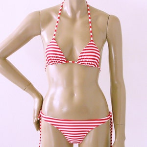 Brazilian Bikini Bottom with Tie Sides and Triangle Bikini Top in Red and White Candy Stripe in Top Sizes to DD
