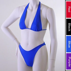 80s 90s High Leg Brazilian Bikini Bottom  and Sliding Halter Top in Royal Blue, Red, Black, or Purple in Custom Bra Sizes