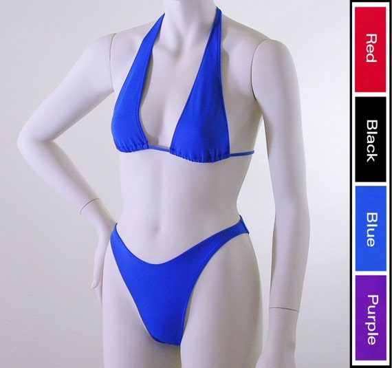 80s 90s High Leg Brazilian Bikini Bottom  and Sliding Halter Top in Royal Blue, Red, Black, or Purple in Custom Bra Sizes