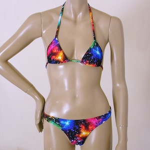 Thong Bikini Bottom and Triangle Bikini Top in Fireworks Print in Top Sizes to DD