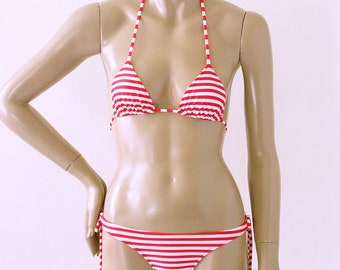 Thong Bikini Bottom with Tie Sides and Triangle Top in Red and White Candy Stripe in Top Sizes to DD