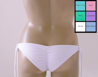Braguita de bikini brasileña con lazo fruncido en blanco, rosa, lavanda, turquesa, verde menta, celeste y coral.
