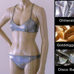 Braguita de bikini brasileña y top de ballet con espalda cruzada en dorado, plateado y holograma de bola de discoteca