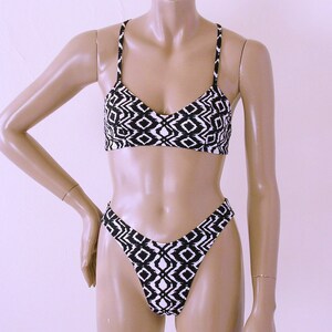 High Leg Bikini Bottom and Crossback Ballet Top in Black and White Aztec Print