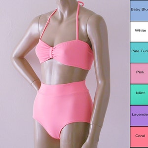 Bas de bikini taille haute et haut de bikini bandeau rétro en corail, lavande, menthe, bleu, rose, blanc, turquoise