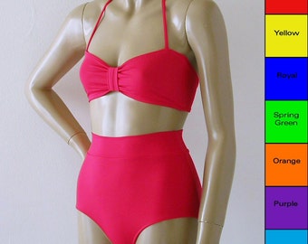 High Waisted Bikini Bottom and Retro Bandeau Top in Red, Blue, Green, Orange, Purple, Turquoise, Yellow, Fuschia