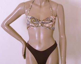 80s 90s Bikini Bottom with High Leg and Regency Paisley Bandeau Top in S.M.L.XL.